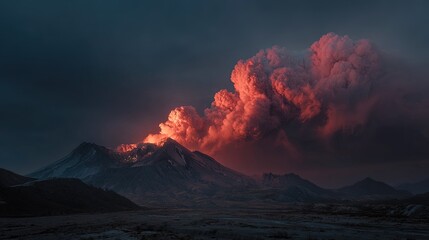 Volcanic eruption illuminating the dark skies casting fiery shadows across an epic landscape of rugged terrain