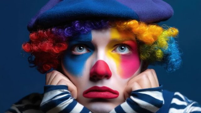A clown with expressive eyes gazes forward, hands supporting the face; vibrant makeup, wig, and beret