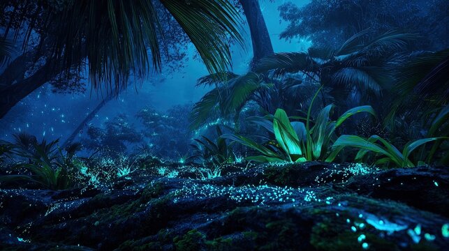 Epic landscape of a bioluminescent jungle at night glowing plants and creatures otherworldly