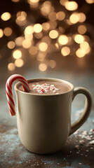 Festive hot chocolate with candy cane cozy living room close-up beverage photography warm vibes