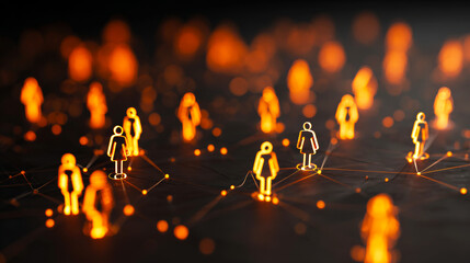 Abstract social network concept with glowing people icons connected by lines on a dark background.