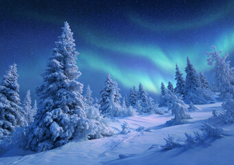 Beautiful winter landscape with snow-covered trees and northern lights in the sky at night.