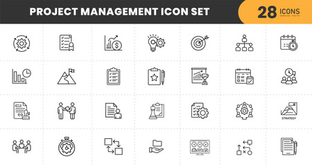 Project Management Thin Line Icon Set – Planning, Teamwork, Strategy, Goals, Leadership, Productivity, Workflow, Task Management, Organization, Business, Success with transparent Background.