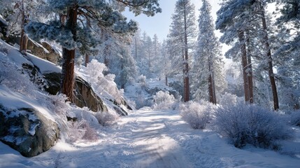 Winter Wonderland Park Landscape Snow-covered pines frosty pathways gentle sunlight filtering through branches