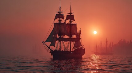 Fototapeta premium Brig sailing ship silhouetted against a glowing sunrise over a tranquil seascape misty atmosphere warm tones romantic setting