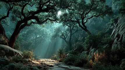 Fantasy dark forest landscape twisted ancient trees eerie mist and a single beam of moonlight piercing through the branches