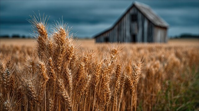 Golden wheat field square landscape rustic barn in distance dramatic summer sky rural tranquility for farming images