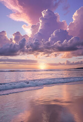 Fototapeta premium beautiful sunset over the sea with epic purple cumulus cloudy sky