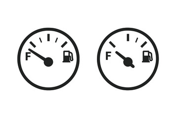 Fuel gauge icon set. Full and empty gasoline tank meter. Car dashboard indicator symbol. Vector illustration of petrol level scale from low to full power. Energy measurement.