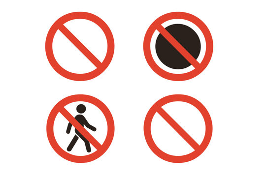 Prohibition sign icon set. Ban and forbidden symbol collection. Red circle stop sign. No entry, restricted access concept. No pedestrian walking sign. Vector graphic resource.