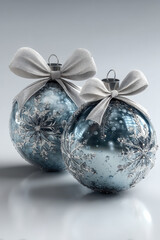 Beautiful blue and silver holiday ornaments with delicate snowflake designs and elegant bows sitting on a soft surface