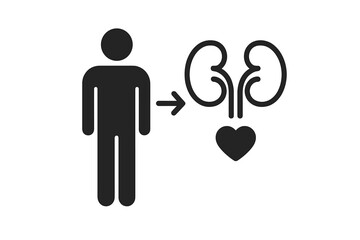 Kidney donor icon for organ donation awareness. Vector illustration of a human figure giving kidneys with a heart symbol. Medical transplant concept for health care & charity.