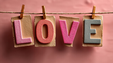 Colorful letters spell love on a twine string against a soft pink backdrop, capturing a warm and cheerful atmosphere