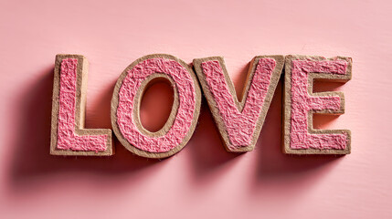 Crafted letters spelling love in soft pink shades on a pastel background celebrating affection and warmth