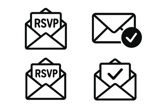 RSVP envelope icon set for event invitations, response confirmation symbols, vector illustration, open mail with RSVP card and check mark, vector design elements with transparent background