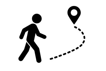 Person walking, following a path. GPS route icon. Vector illustration. Man on a journey. Direction to destination. Map location pin. Pedestrian tracking. Navigation concept.
