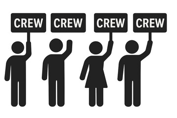 Crew sign icon vector. Staff company employee symbol. Team people holding sign. Group of workers or volunteers. Man and woman pictogram. Backstage personnel or event staff concept.