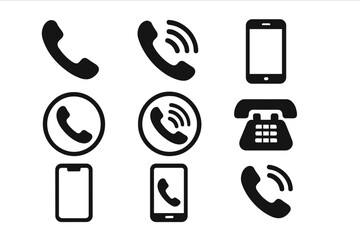 Phone icon vector set with mobile phone, smartphone, classic telephone, calling symbols, communication signs, wireless signal icons, black silhouette collection on transparent background