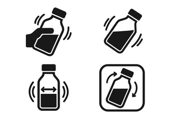 Shake well before use icons set. Vector illustration of medicine or liquid bottle shaking instructions. Clear symbols for pharmaceuticals and product labels. Transparent background, ordered signs.
