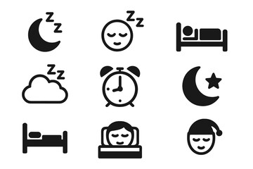 Sleep icon set collection with moon, stars, sleeping person, bed, cloud, alarm clock, night cap, and peaceful sleep symbols, isolated on white background, vector illustration