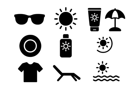 Sun protection icon set with sunglasses, sunscreen, sunblock, beach umbrella, summer sun care essentials, sun safety vector illustration, summer accessories