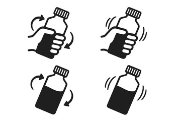 Shake well before use icons set, vector illustration with transparent background, medicine bottle held in hand, liquid mixing symbol, healthcare safety and instruction signs