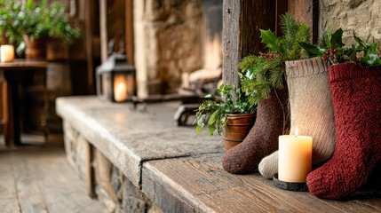 Warm cozy scene featuring festive stockings and candlelight by a rustic fireplace in a charming cabin setting