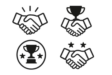Win-win deal handshake icon vector illustration set with transparent background, business partnership agreement, cooperation concept, successful teamwork and trophy symbols