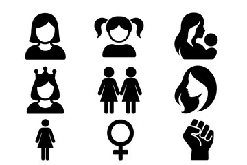 Woman Icon Set with Female, Girl, Mother, Queen, Feminism Symbols, Beauty Silhouettes, Dress and Female Power Hand. Solid Vector Collection for Women Rights and Gender Equality