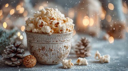 Warm popcorn in a cozy setting adorned with holiday lights and natural decorations