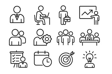 Work icon outline set with job, employee, project, teamwork, employment, meeting, appointment, calendar, target, idea concepts. Vector line icons collection for business and office use