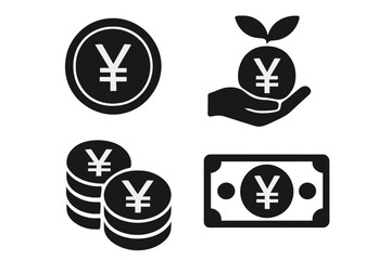 Yen currency icon set, financial investment and money growth symbols, yen coins and banknote illustrations, finance and economy concept, vector graphics with transparent background