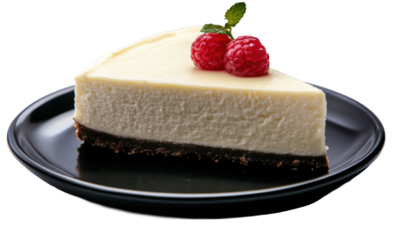 Chocolate cheesecake with strawberries on top on black plate on white background.png