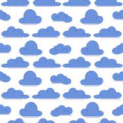 A seamless pattern of blue clouds on a white background. The clouds vary in size and shape, creating a playful and light atmosphere.
