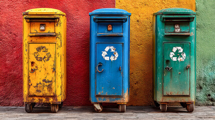 Colorful recycling bins lined up against a vibrant wall in a lively urban setting, showcasing environmental efforts