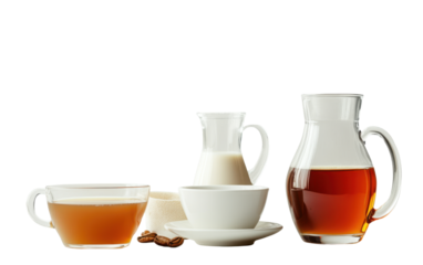 Coffee,milk and tea on glass jugs ang white cup on White background.png