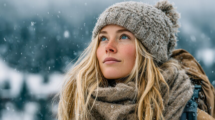 Joyful wanderer gazes at snow-covered mountains while enjoying a winter adventure in a serene landscape