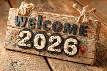 Celebrating the arrival of 2026 with a rustic welcome sign on a wooden surface