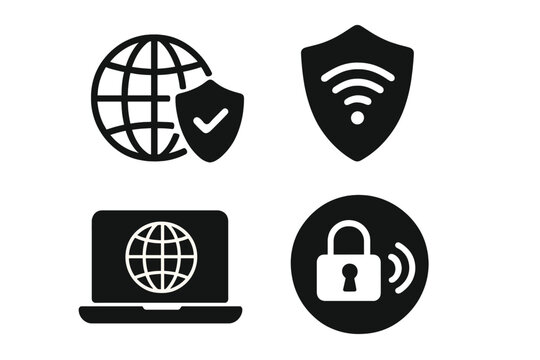 VPN icon set with virtual private network symbols, security shield, wifi protection, internet globe, padlock and secure connection vector illustration on transparent background