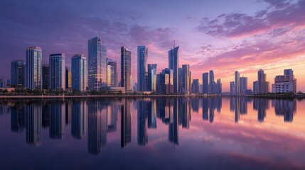 Fototapeta premium Sunset over a modern skyline reflections glistening off glass towers serene atmosphere breathtaking cityscape