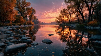 Tranquil River Landscape reflective waters under pastel twilight sky surrounded by autumnal trees peaceful ambiance