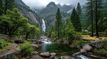 Dramatic mountain landscape with rugged cliffs cascading waterfalls lush green forests moody atmosphere