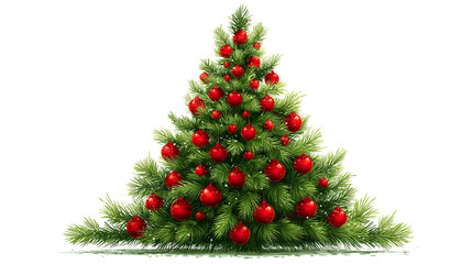 Obraz premium A decorated Christmas tree with green branches and red ornaments. The tree is full and symmetrical, set against a white background.