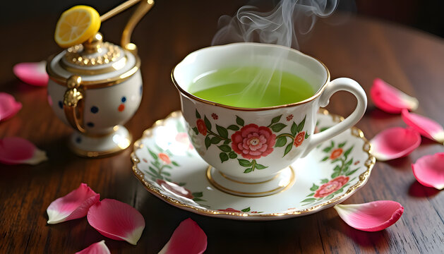 A cup of green tea with rose petals on a wooden table.