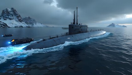 Fototapeta premium Submarine and futuristic vehicles navigating icy waters near snow-capped mountains.