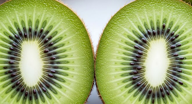 Macro vibrant kiwi fruit halves presenting a refreshing and symmetrical abstract close-up view of juicy flesh and tiny