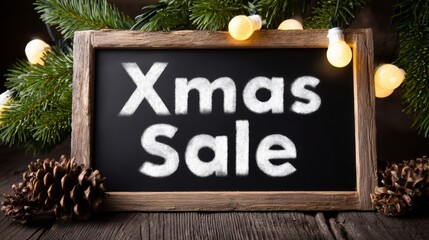 Blackboard with the words "Xmas Sale" written on it. The board is placed on a wooden surface with pine cones surrounding it