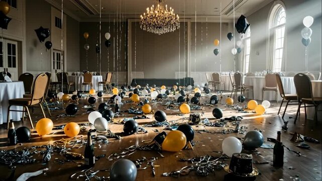 Ballroom after birthday party with popped balloons and scattered confetti on floor, mess aftermath celebration video