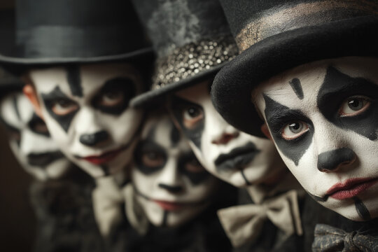 Group of young boys in creepy clown makeup and top hats for Halloween