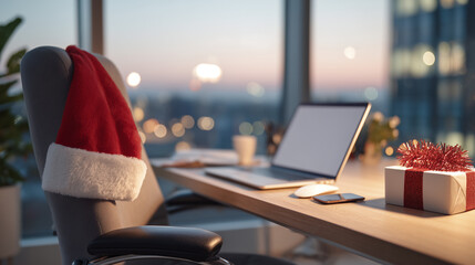 Empty office with Santa hat and Christmas gift on a desk at sunset 
